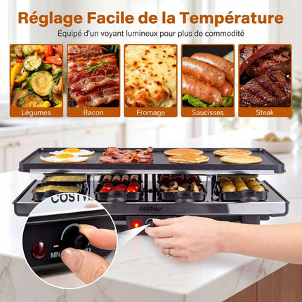 1400W Raclette Grill with Reversible Non-Stick Plate, 8 Pans
