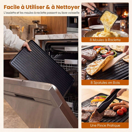 1400W Raclette Grill with Reversible Non-Stick Plate, 8 Pans