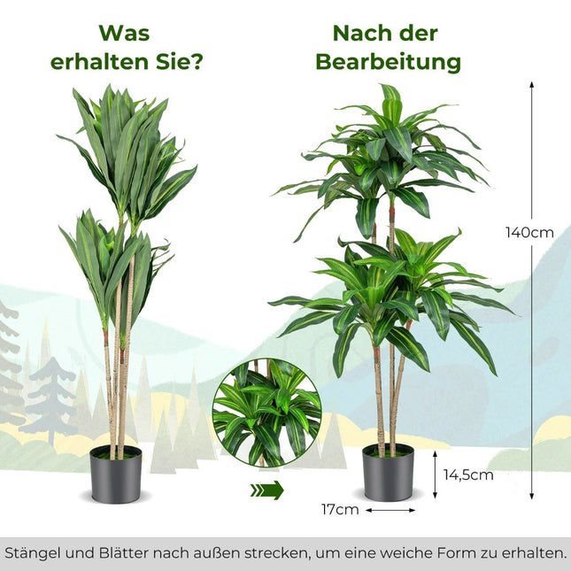 140 cm Kunstplant Dracena met pot & 92 bladeren Kunstplant Kunstboom Palmgroen