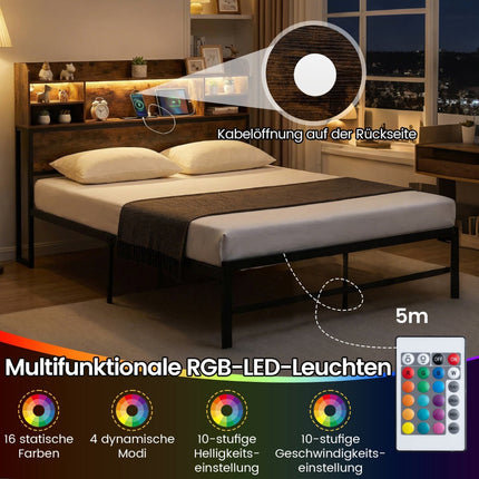 Rám postele 140 x 200 cm s LED osvětlením a nabíjecí stanicí