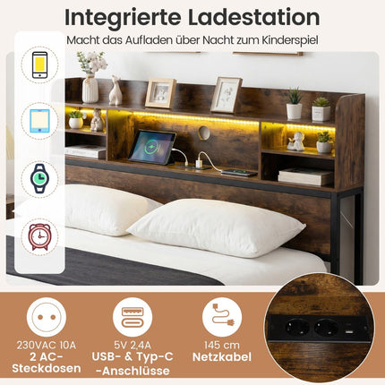 Rám postele 140 x 200 cm s LED osvětlením a nabíjecí stanicí
