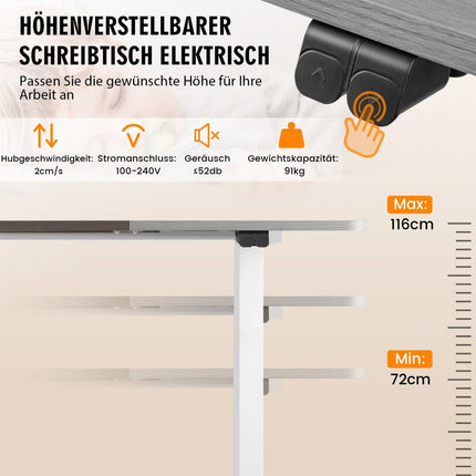 Elektricky výškově nastavitelný psací stůl 140 x 70 cm s ochranou proti nárazu a háčkem, šedý