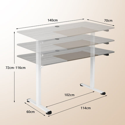 Elektricky výškově nastavitelný psací stůl 140 x 70 cm s ochranou proti nárazu a háčkem, šedý