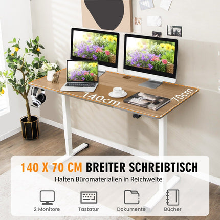 Elektricky výškově nastavitelný psací stůl 140 x 70 cm s ochranou proti nárazu a háčkem, šedý