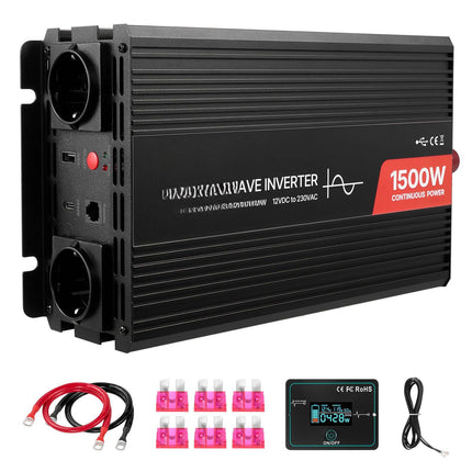 1500W Pure Sine Power Inverter, 12V to 230V, USB-C, Remote