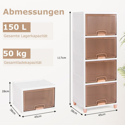 Úložný box 150 L s magnetickými dvířky, sada 4 ks, stohovatelný plastový box, bílý