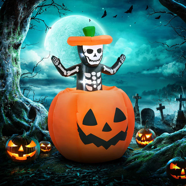 Nafukovací halloweenská dýně 150 cm s kostlivcem a LED osvětlením