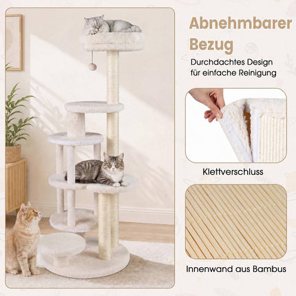 150 cm White Cat Tree with 6 Levels and 2 Caves