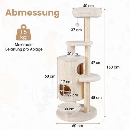 150 cm White Cat Tree with 6 Levels and 2 Caves