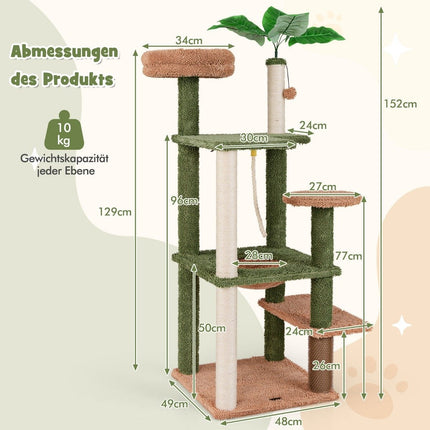 152 cm high scratching post for domestic cats, multi-story cat tower with sisal posts