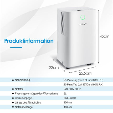 Odvlhčovač vzduchu 15L pro prostory 15㎡ se 3 režimy, mobilní, 25.5 x 22 x 45 cm, bílý