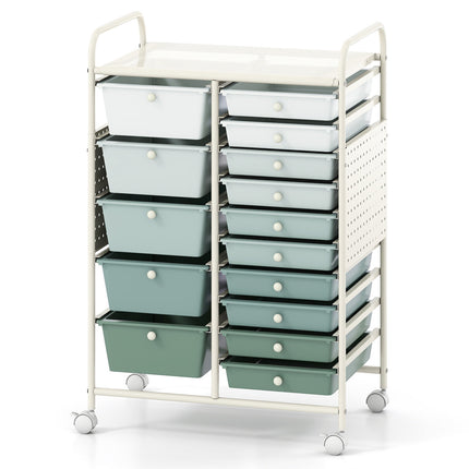15-Drawer Rolling Storage Cart with Metal Top & Pegboard