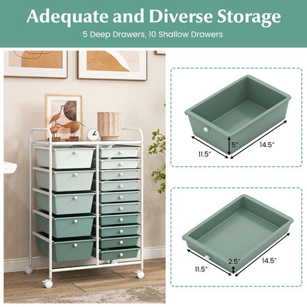 15-Drawer Rolling Utility Cart, Lime Green Storage Organizer