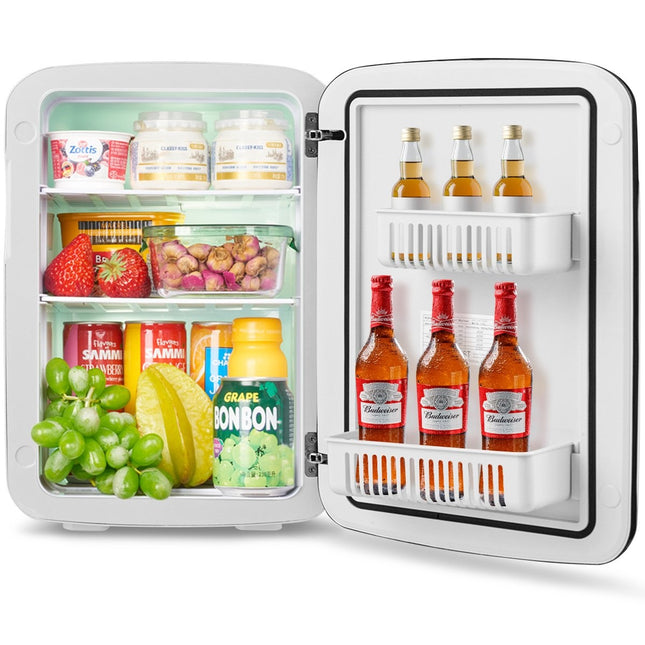 Mini lednice 15L 2 v 1 s chlazením a ohřevem, přenosná chladnička na nápoje, 38cm x 33cm x 27cm, bílá, energetická třída E