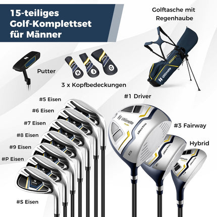 Pánská sada golfových holí, 15 dílů, včetně bagu a pláštěnky