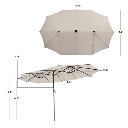 15 ft Double-Sided Patio Umbrella, 48 Solar LEDs, Beige
