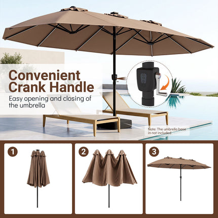 15ft Double-Sided Patio Umbrella, Solar LED Lights, Brown
