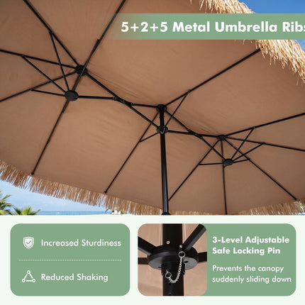 15 x 9 FT Double-Sided Tiki Patio Umbrella, Brown