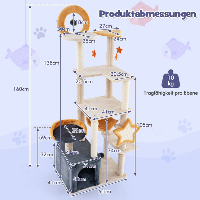 Kočičí strom 160 cm se sisalovými sloupky a vícepatrovým domkem