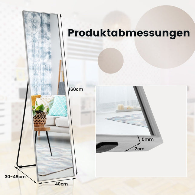 160 x 40 cm staande spiegel 2 in 1 staande spiegel & wandspiegel van onbreekbaar glas zilver