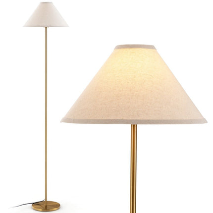 Stojací lampa 162 cm ve zlaté barvě s nožním vypínačem, lněným stínidlem a kovovou tyčí