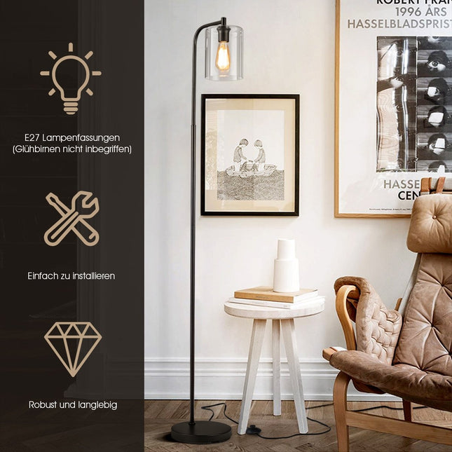 Moderní stojací lampa 168cm s nožním vypínačem, paticí E27 a černým skleněným stínidlem