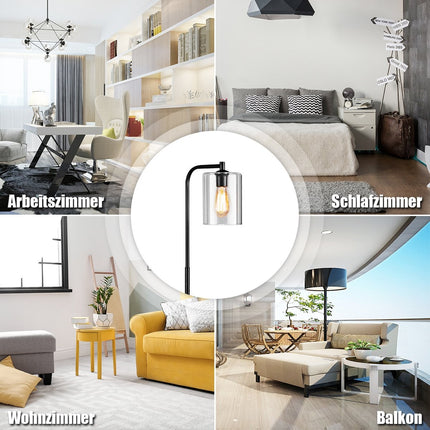 Moderní stojací lampa 168cm s nožním vypínačem, paticí E27 a černým skleněným stínidlem