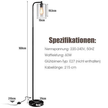 Moderní stojací lampa 168cm s nožním vypínačem, paticí E27 a černým skleněným stínidlem