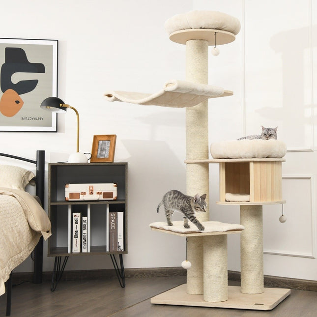 174 cm cat tree made of solid wood 4-tier cat tower natural