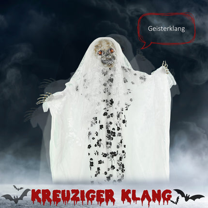 Halloweenská závěsná kostra nevěsty ducha, 175 cm, svítící oči