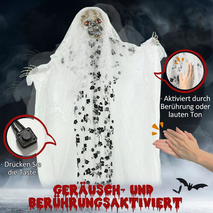 Halloweenská závěsná kostra nevěsty ducha, 175 cm, svítící oči