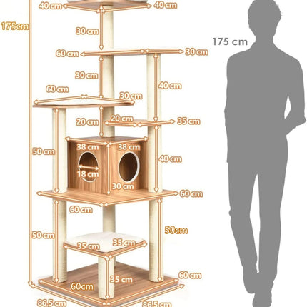 Dřevěný kočičí strom 175cm, 6 pater, se škrabadly, domečkem, pelíškem a 5 podložkami