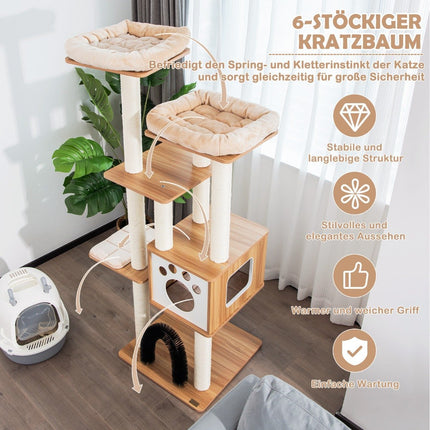 Kočičí strom 176 cm, 6 pater, s měkkými podložkami, pelíškem a masážním obloukem, béžový