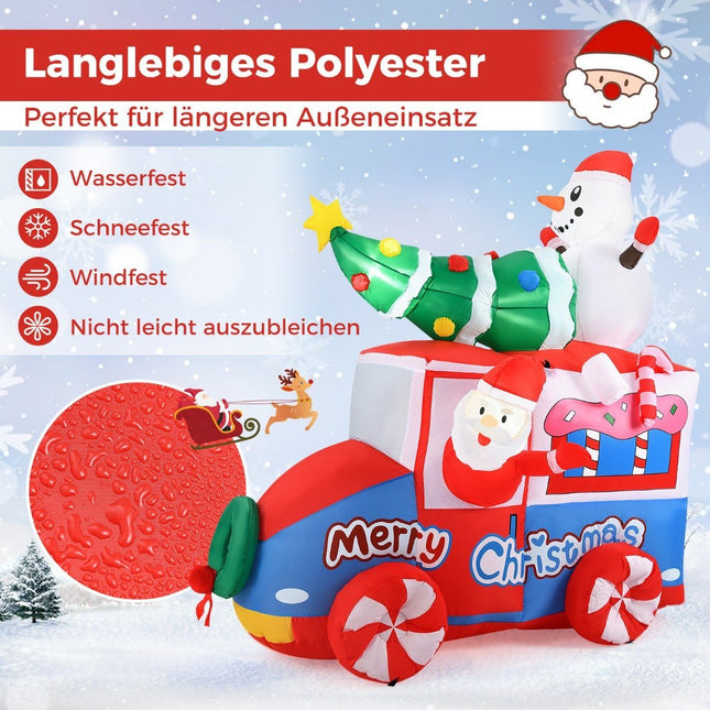 Nafukovací vánoční LED dekorace 177cm, Santa Claus v autě se sněhulákem