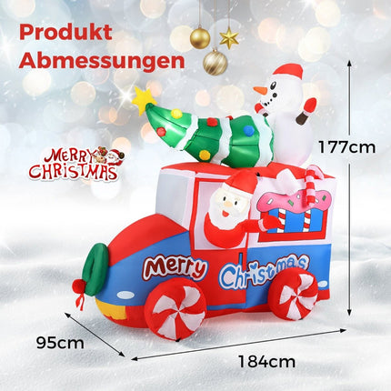 Nafukovací vánoční LED dekorace 177cm, Santa Claus v autě se sněhulákem