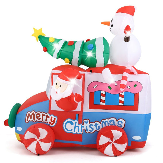 Nafukovací vánoční LED dekorace 177cm, Santa Claus v autě se sněhulákem