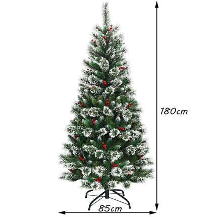 Umělý vánoční stromek 180 cm se sněhovými vločkami a červenými bobulemi