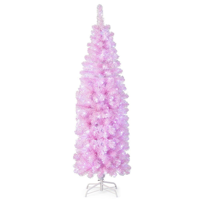 180 cm Kunstkerstboom met potlood en 250 koelwitte LED's, slanke kerstboom, roze