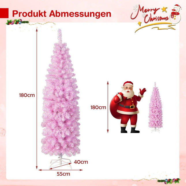 180 cm Kunstkerstboom met potlood en 250 koelwitte LED's, slanke kerstboom, roze