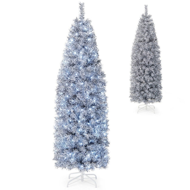 180 cm Kunstkerstboom met potloodvorm en 250 koelwitte LED's, slank wit + zwart