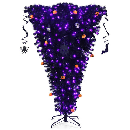 Černý umělý vánoční stromek 180cm, svítící halloweenský stromek s 270 fialovými LED světly