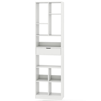 180cm White Bookshelf with Drawer and 10 Open Shelves