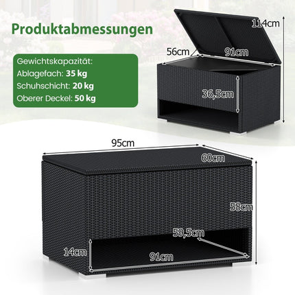 186L Black Rattan Storage Box with Shoe Rack & Liner