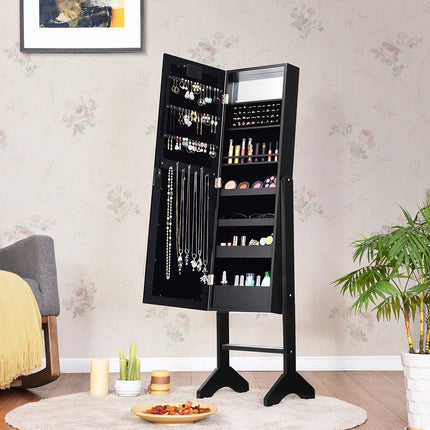 Stojací šperkovnice s 18 LED a zrcadlem v plné výšce, naklápěcí, 35 × 31.5 x 145 cm, černá