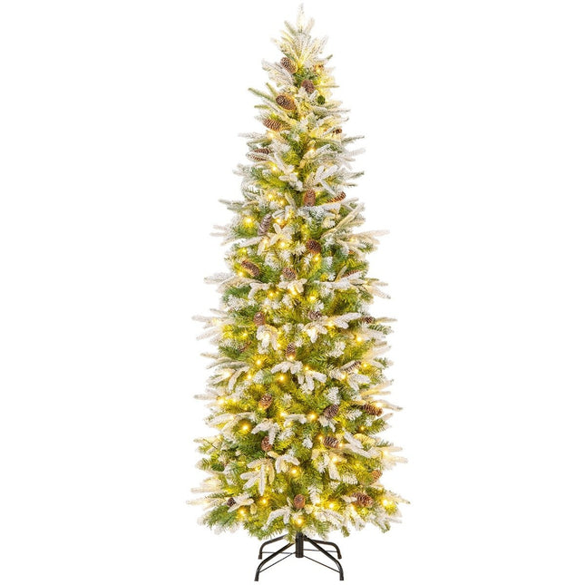 190 cm Kunstkerstboom met lampjes en sneeuw Kunstkerstboom voor thuis Groen + Wit