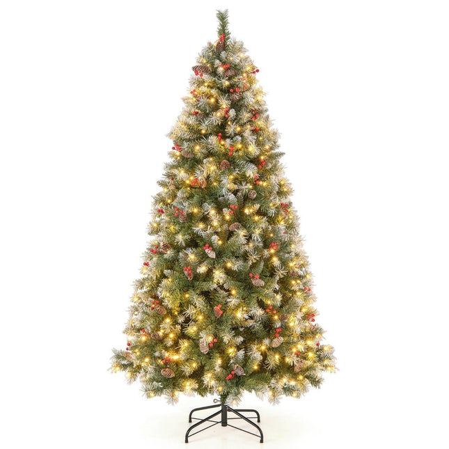 195 cm Kunstkerstboom met lampjes, sneeuw, dennenappels en rode bessen