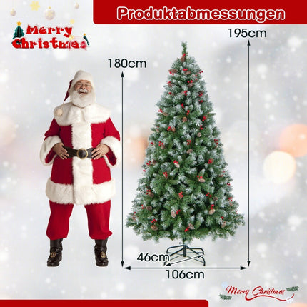 Umělý vánoční stromek 195 cm s osvětlením, sněhem, šiškami a červenými bobulemi
