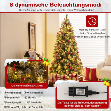 Umělý vánoční stromek 195 cm s osvětlením, sněhem, šiškami a červenými bobulemi