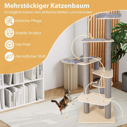 Vícepatrový kočičí strom 197 cm s houpací sítí, šedý
