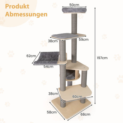 Vícepatrový kočičí strom 197 cm s houpací sítí, šedý
